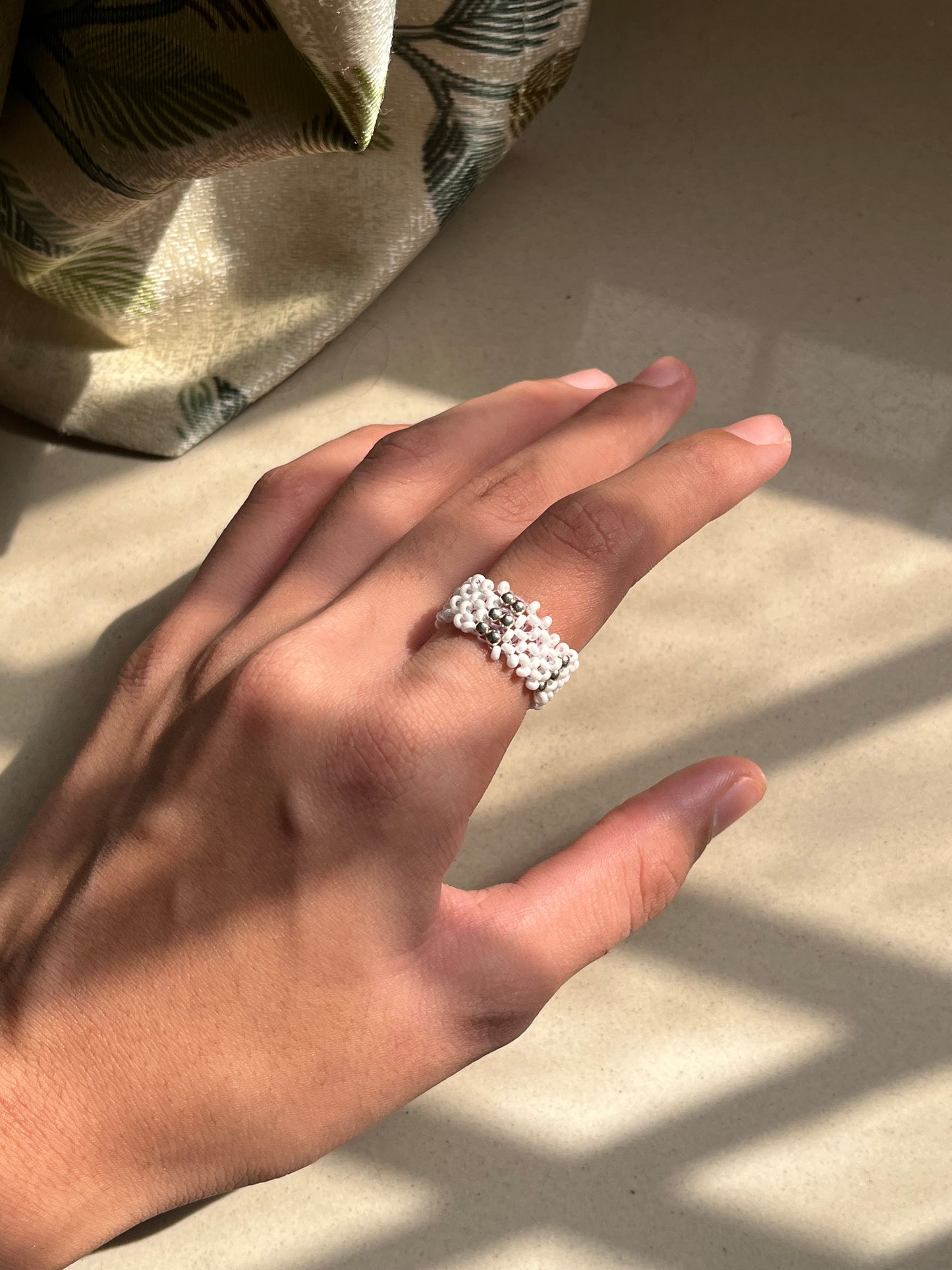 White & Silver Beaded Ring