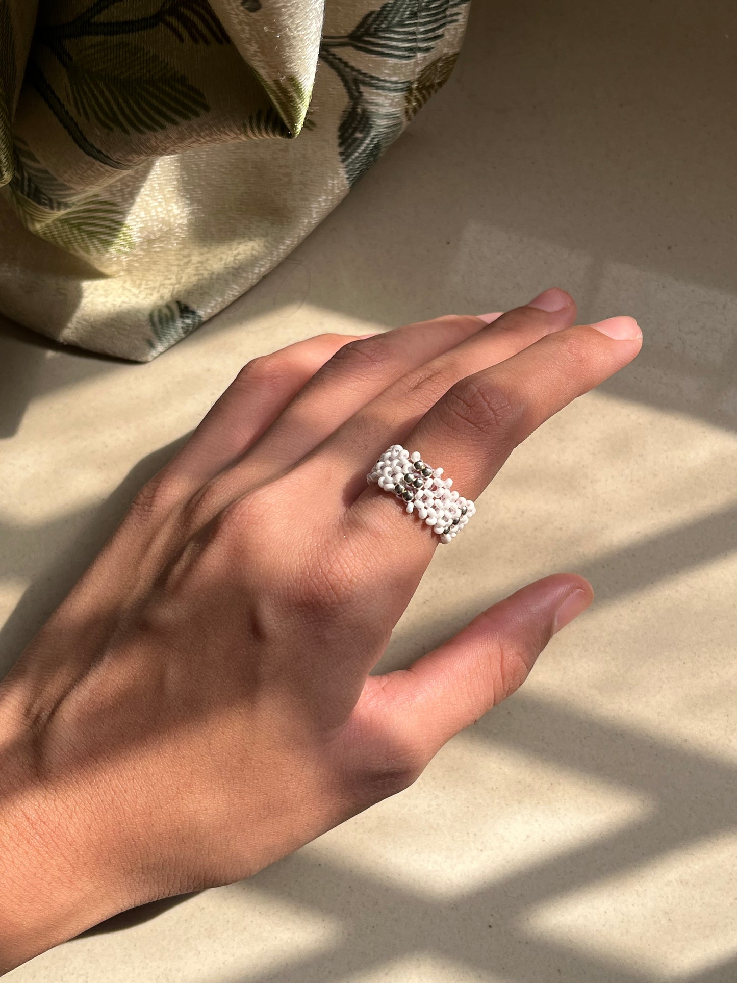 White & Silver Beaded Ring