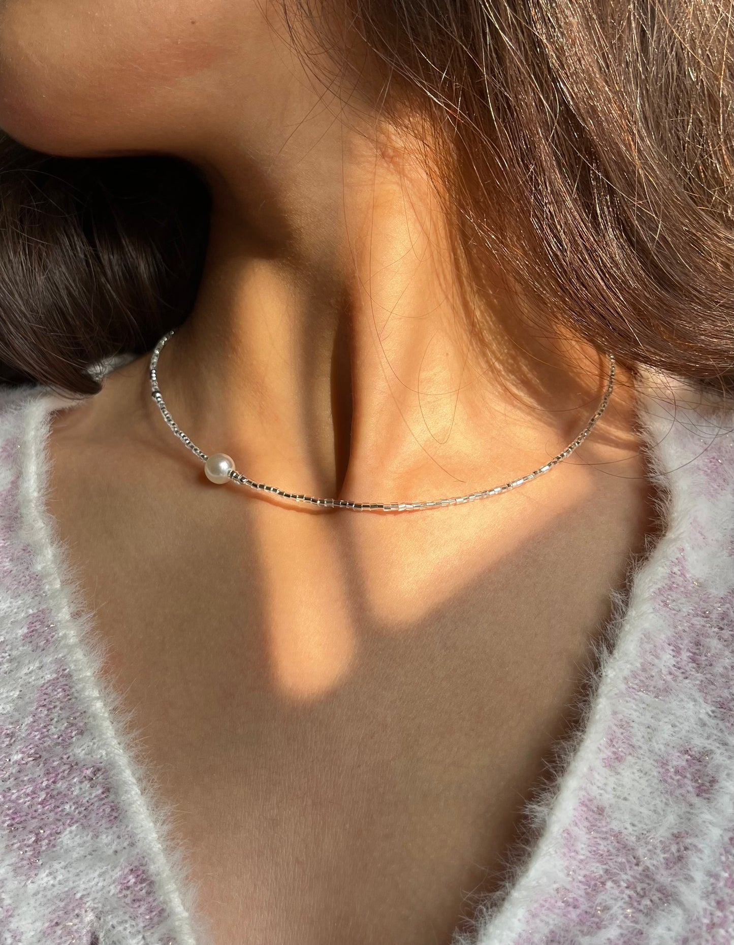 Silver pearl beaded necklace